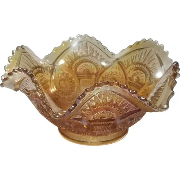 Imperial Marigold Carnival Glass Compote Fruit Centerpiece Ruffled Art Glass - Picture 2 of 8